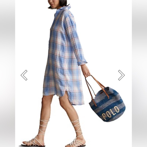 Polo Ralph Lauren Dresses & Skirts - Polo Ralph Lauren blue plaid linen long sleeve shirtdress with pockets Small